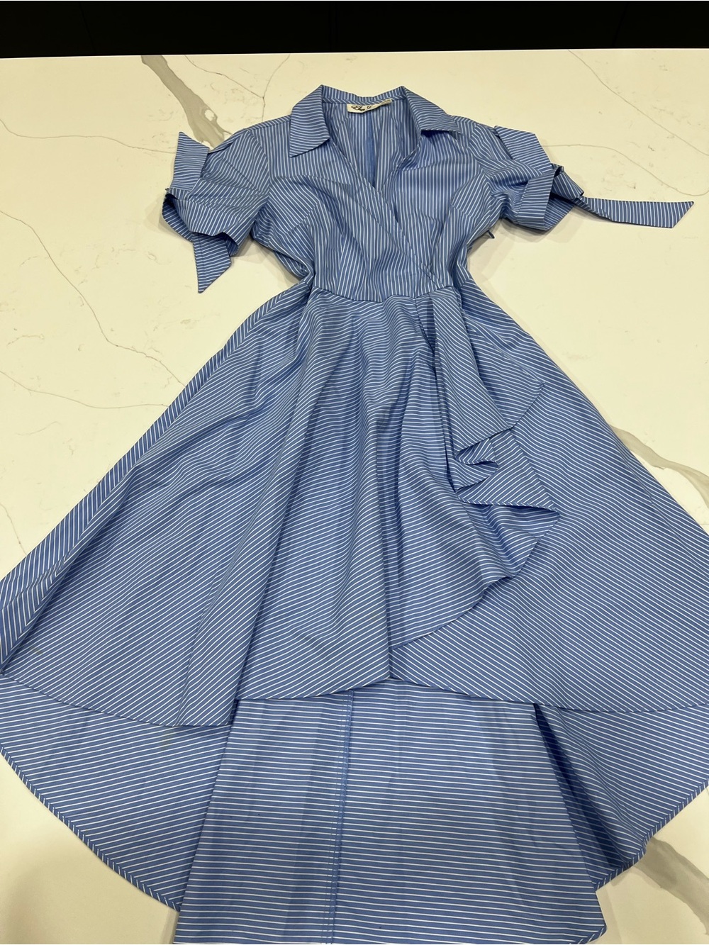 Eliza J Blue and White Striped High-Low Shirt Dress